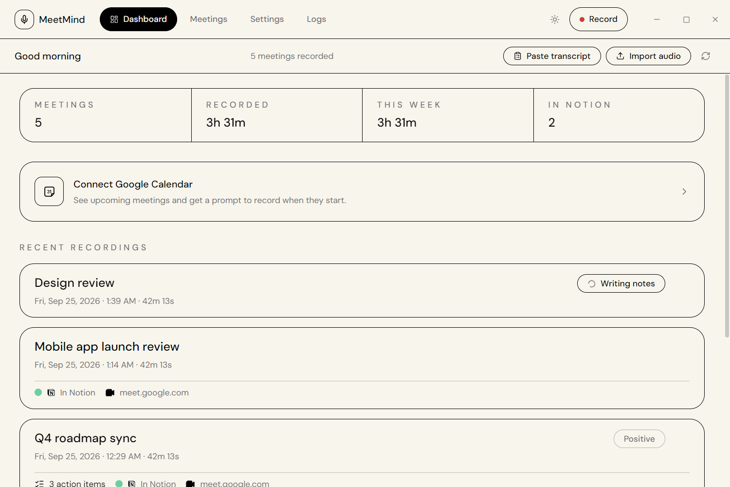 MeetMind dashboard with meeting stats and a list of recent recorded meetings