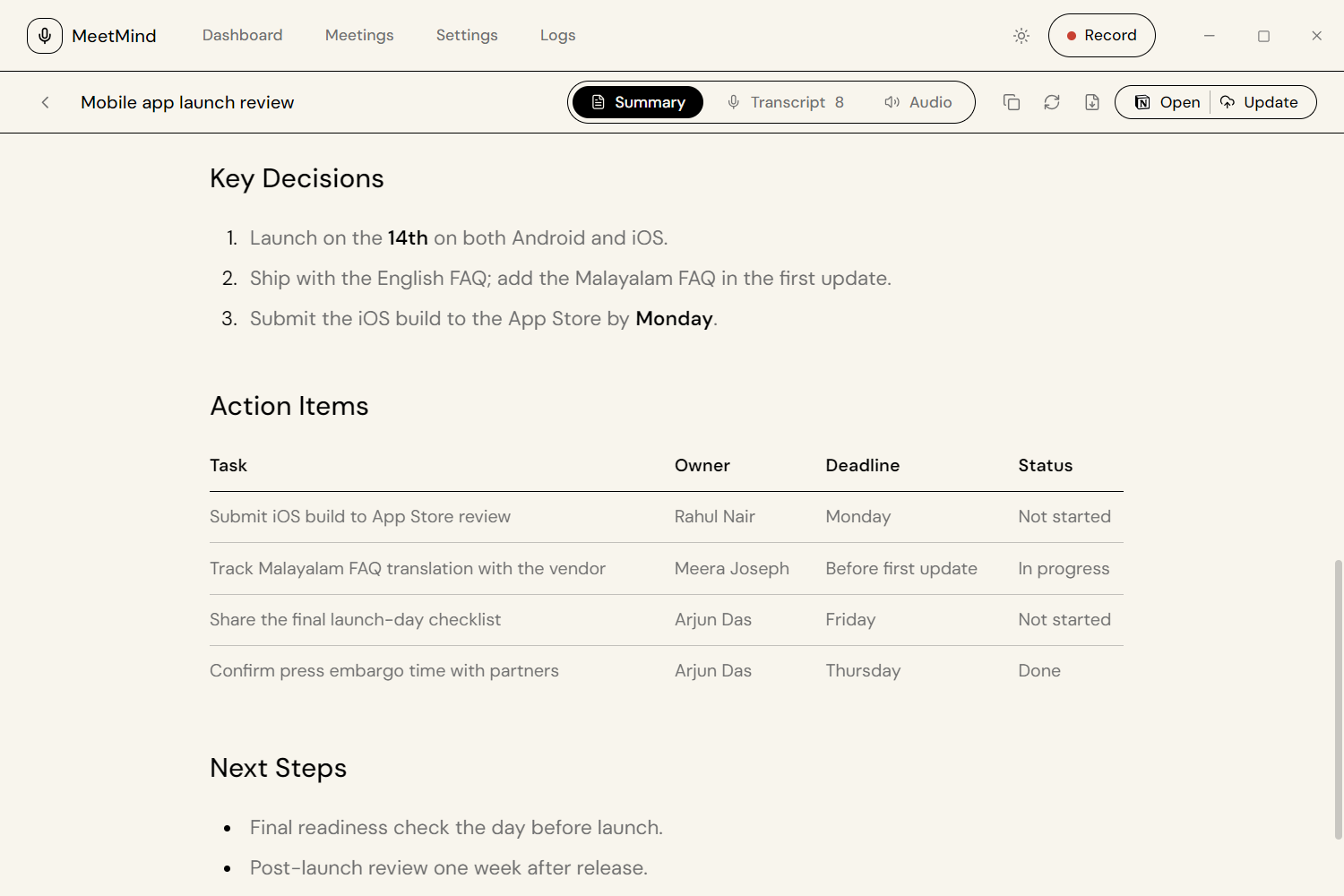 Key decisions and an action items table with owners, deadlines and status