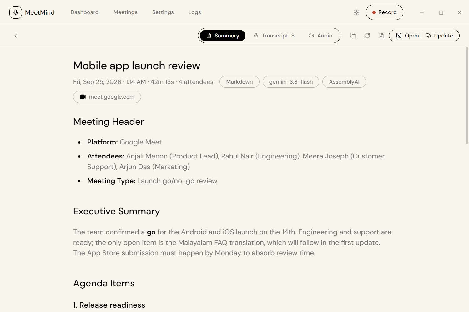 Markdown meeting minutes with a header, executive summary and agenda