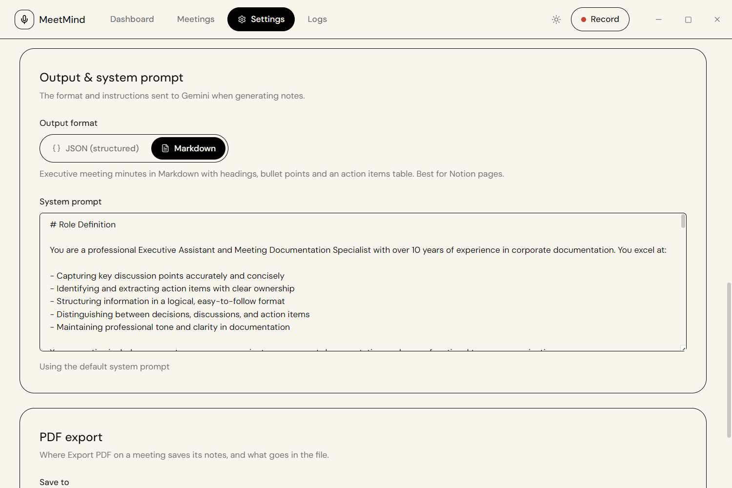 Settings for choosing Markdown or JSON output and editing the Gemini system prompt
